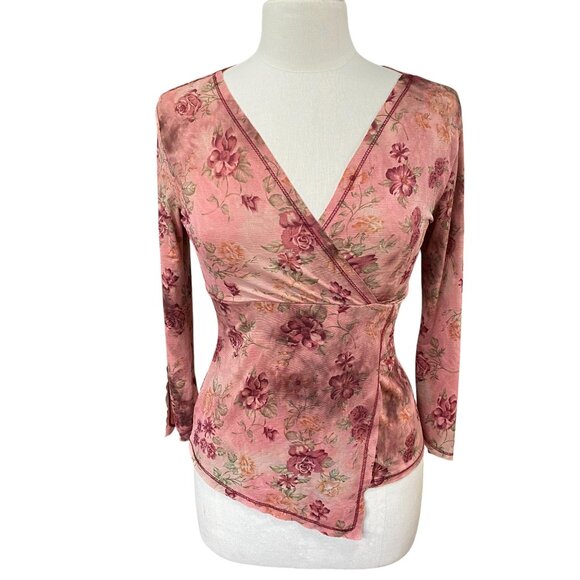 Vintage Y2K Vanity Babydoll Floral Shirt Pink Fairy Grunge Coquette Asymmetric-S - Picture 1 of 16